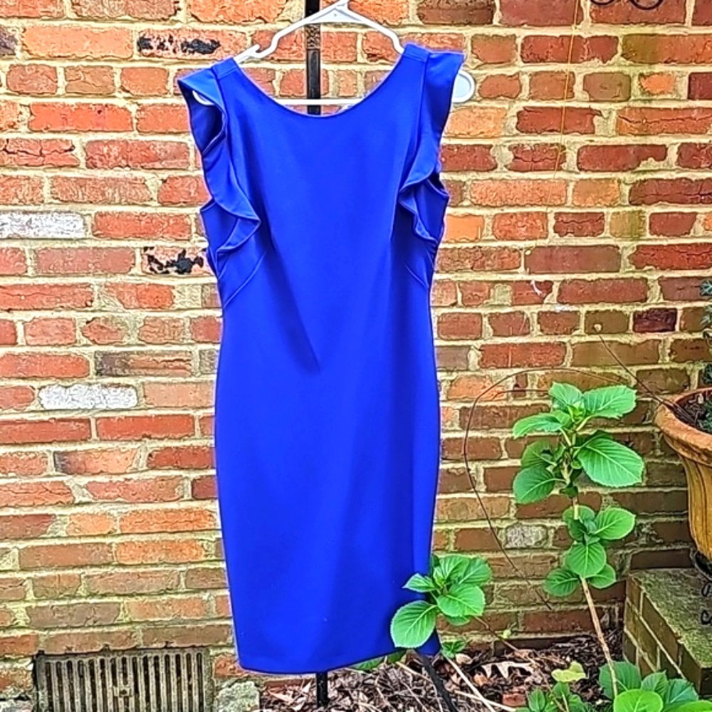 Royal Blue Clavin Klein Ruffle Shoulder Dress